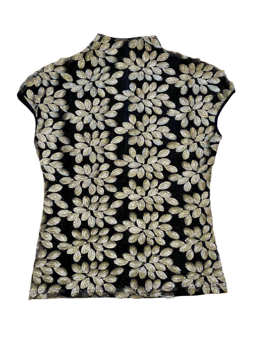 Golden Leaf Top with gold embroidery on sheer black fabric