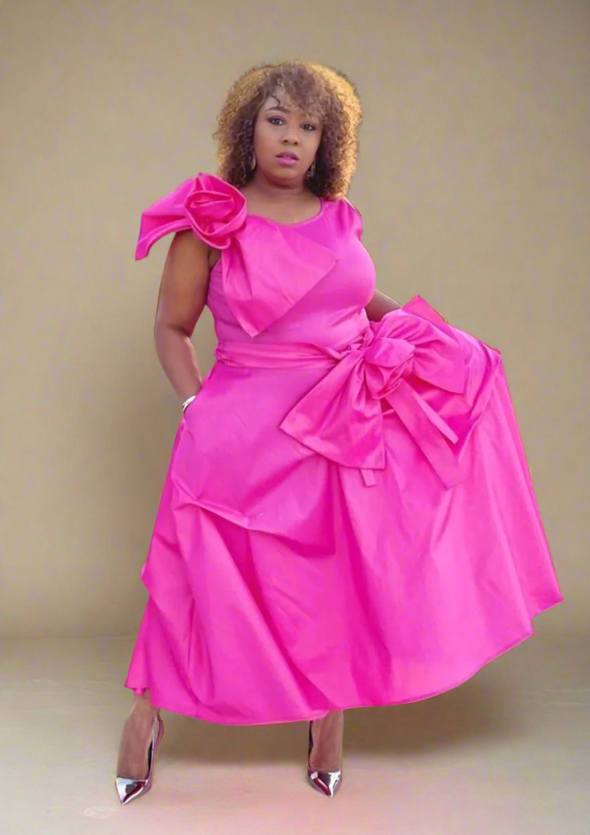 Vibrant Fuchsia Bow Detail Midi Dress